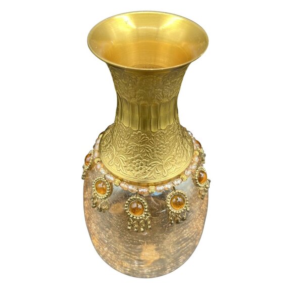 Vintage Handcrafted Brass Floral Etched Neck Ornate Amber Crackle Glass Vase - Picture 11 of 13